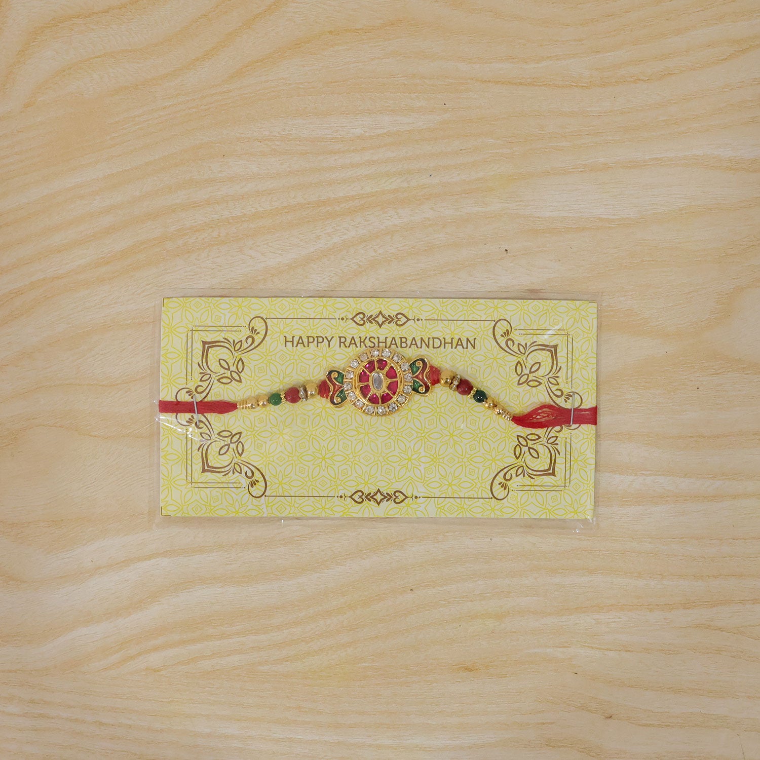 Traditional Round Kundan Rakhi with Beaded Thread for Raksha bandhan