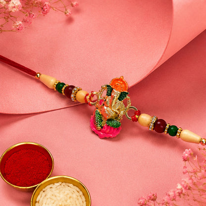 The Ganesha Rakhi displayed alongside traditional Indian festive decorations.