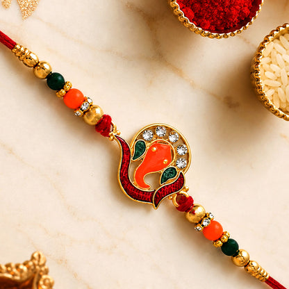 Ganesha Rakhi – Golden with Red-Green Beads & Stone Work