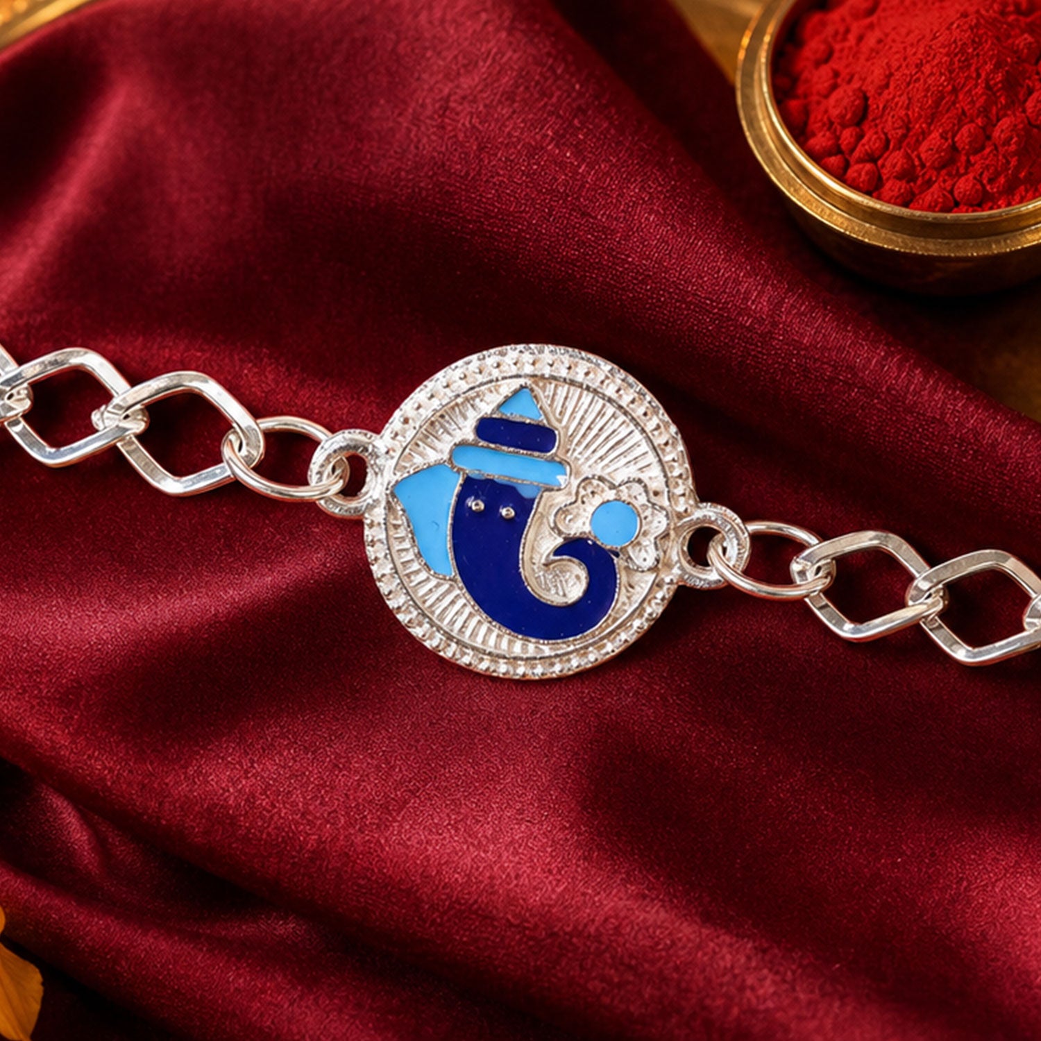 Round Ganesh Motif Enamel Silver Chain Designer Rakhi for Brother