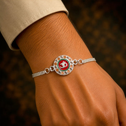 Om Rakhi Silver Plated with Red Enamel – Elegant Protection Thread