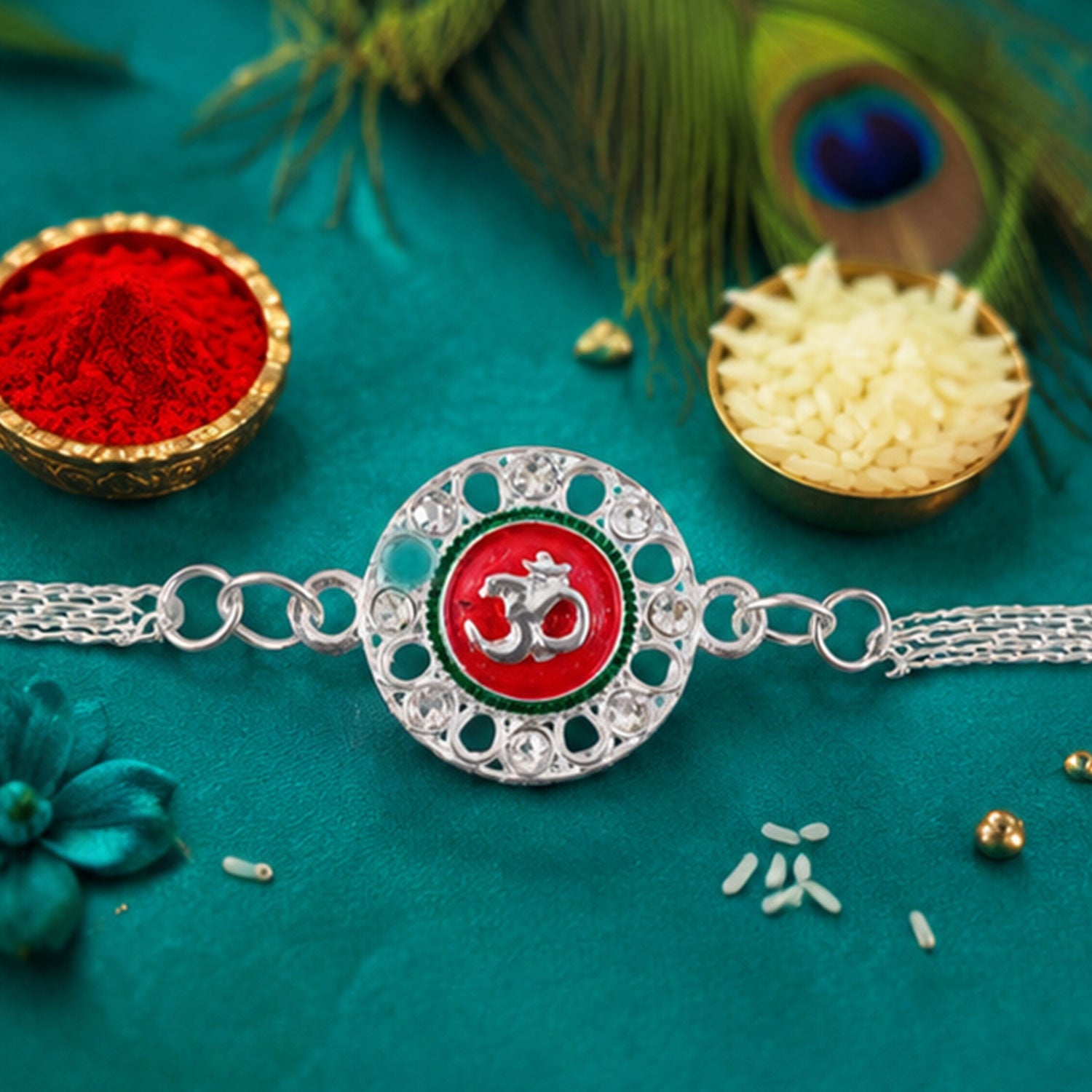 Om Rakhi Silver Plated with Red Enamel – Elegant Protection Thread