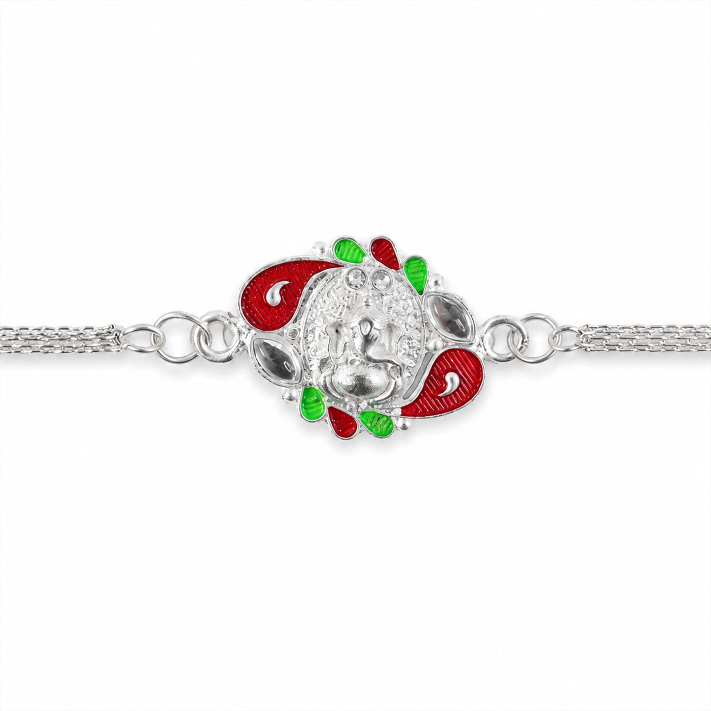 A Ganesha Rakhi displayed from a unique angle, emphasising its design and premium look.
