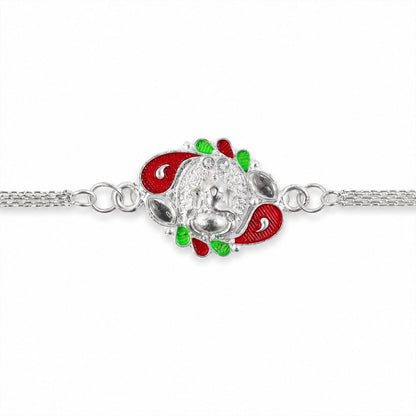 A Ganesha Rakhi displayed from a unique angle, emphasising its design and premium look.