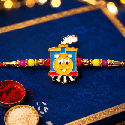 Train Cartoon Kids Rakhi – Colorful Beads & Red Thread Festive Gift