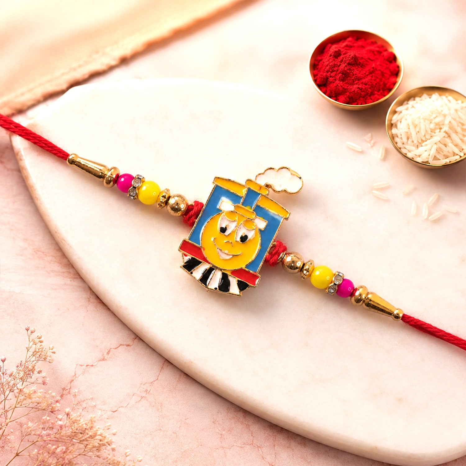 Train Cartoon Kids Rakhi – Colorful Beads & Red Thread Festive Gift