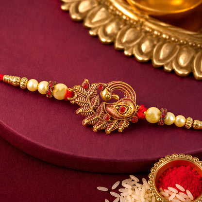 Peacock Rakhi with Pearl Beads, Elegant Festive Bracelet