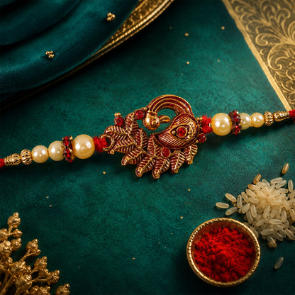 Peacock Rakhi with Pearl Beads, Elegant Festive Bracelet