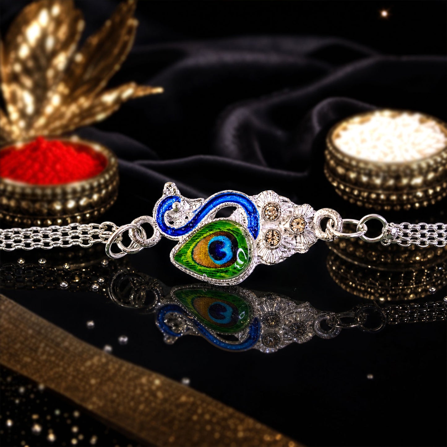 Peacock Design Enamel Crystal Silver Chain Rakhi for Brother