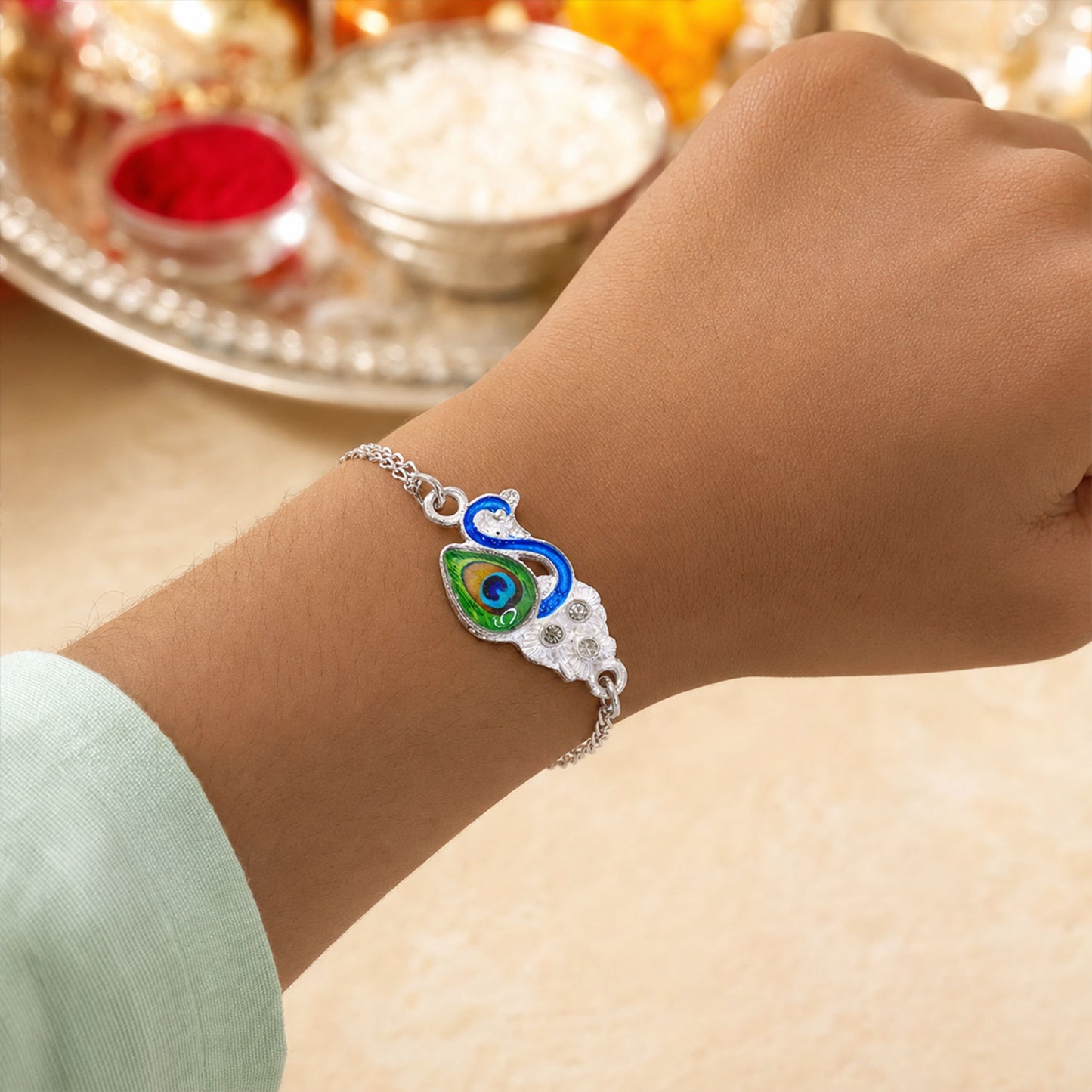 Peacock Design Enamel Crystal Silver Chain Rakhi for Brother