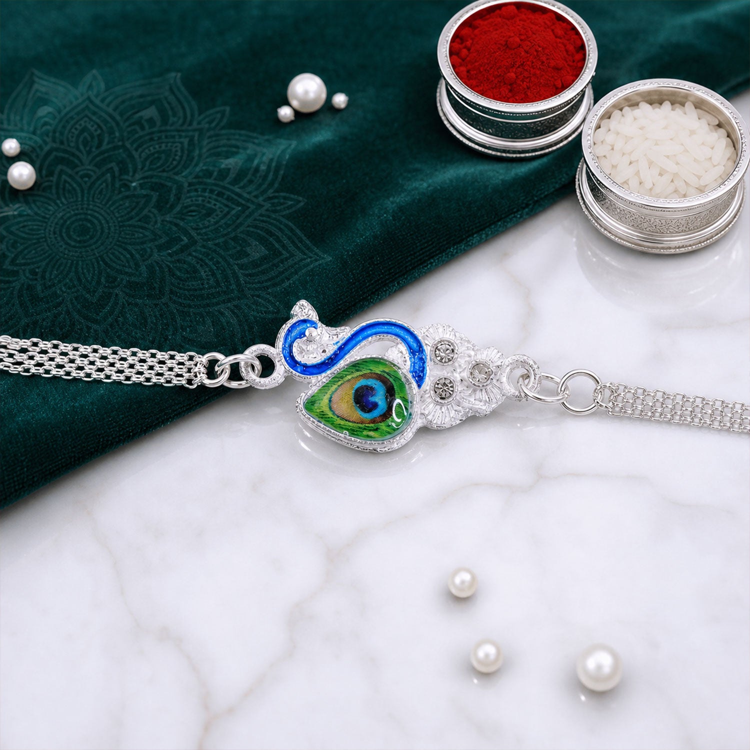 Peacock Design Enamel Crystal Silver Chain Rakhi for Brother