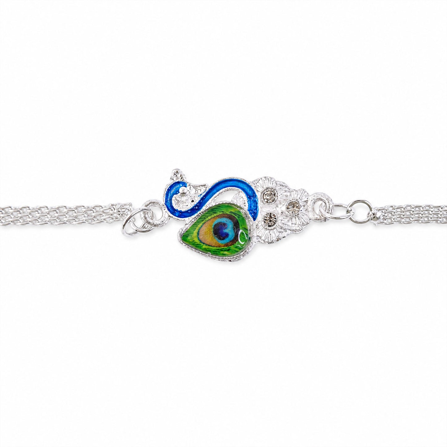 Peacock Design Enamel Crystal Silver Chain Rakhi for Brother