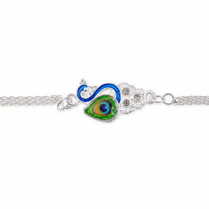 Peacock Design Enamel Crystal Silver Chain Rakhi for Brother