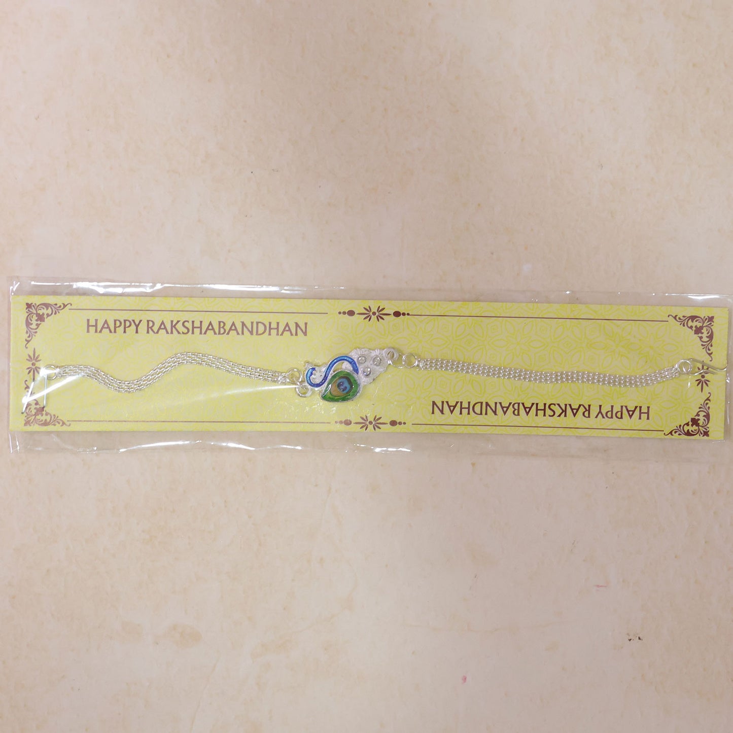 Peacock Design Enamel Crystal Silver Chain Rakhi for Brother