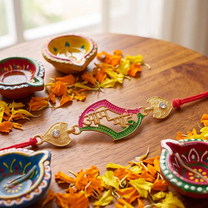 Top view of traditional thread rakhi with sparkling stones.