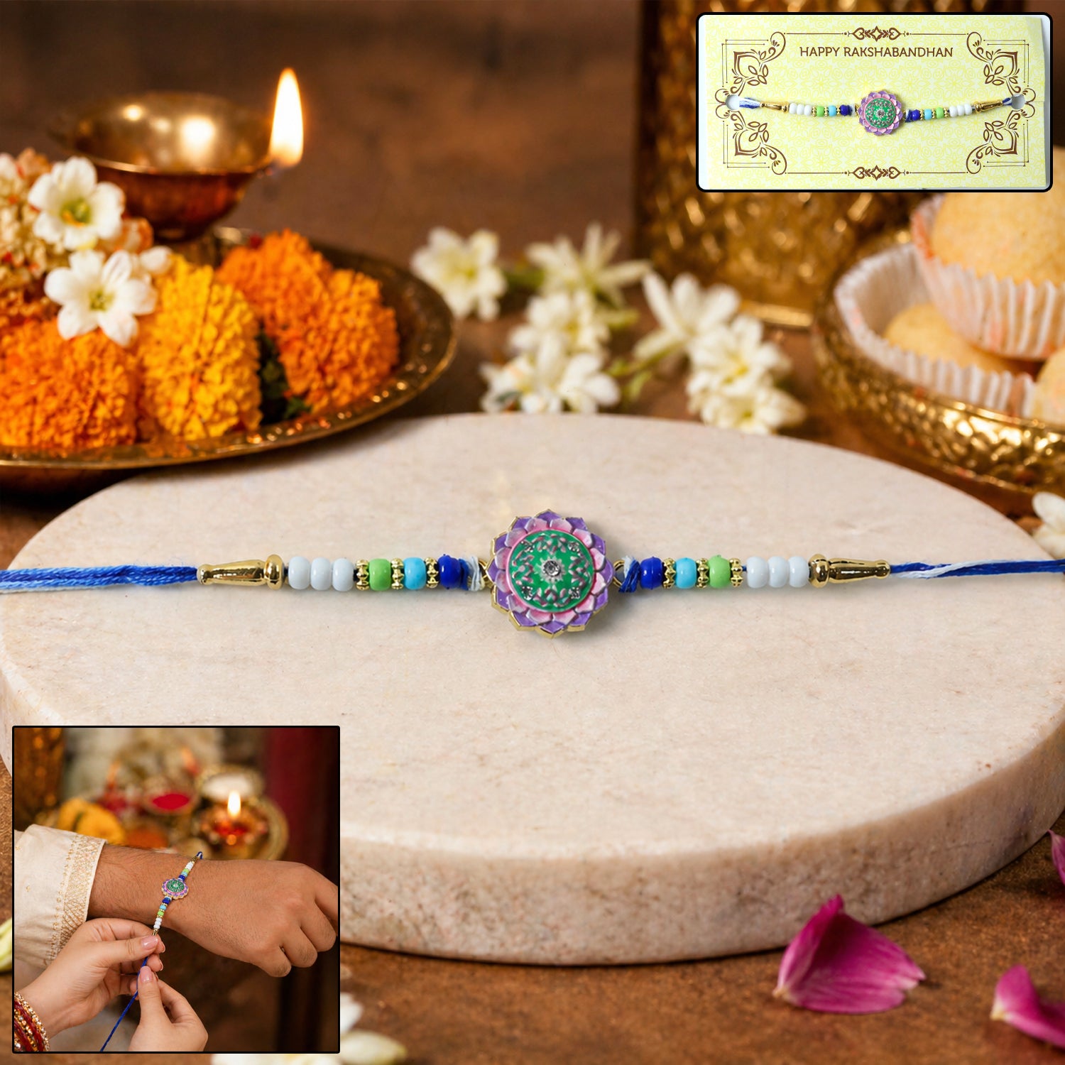 Designer Rakhi with Floral Centerpiece and Colorful Beads