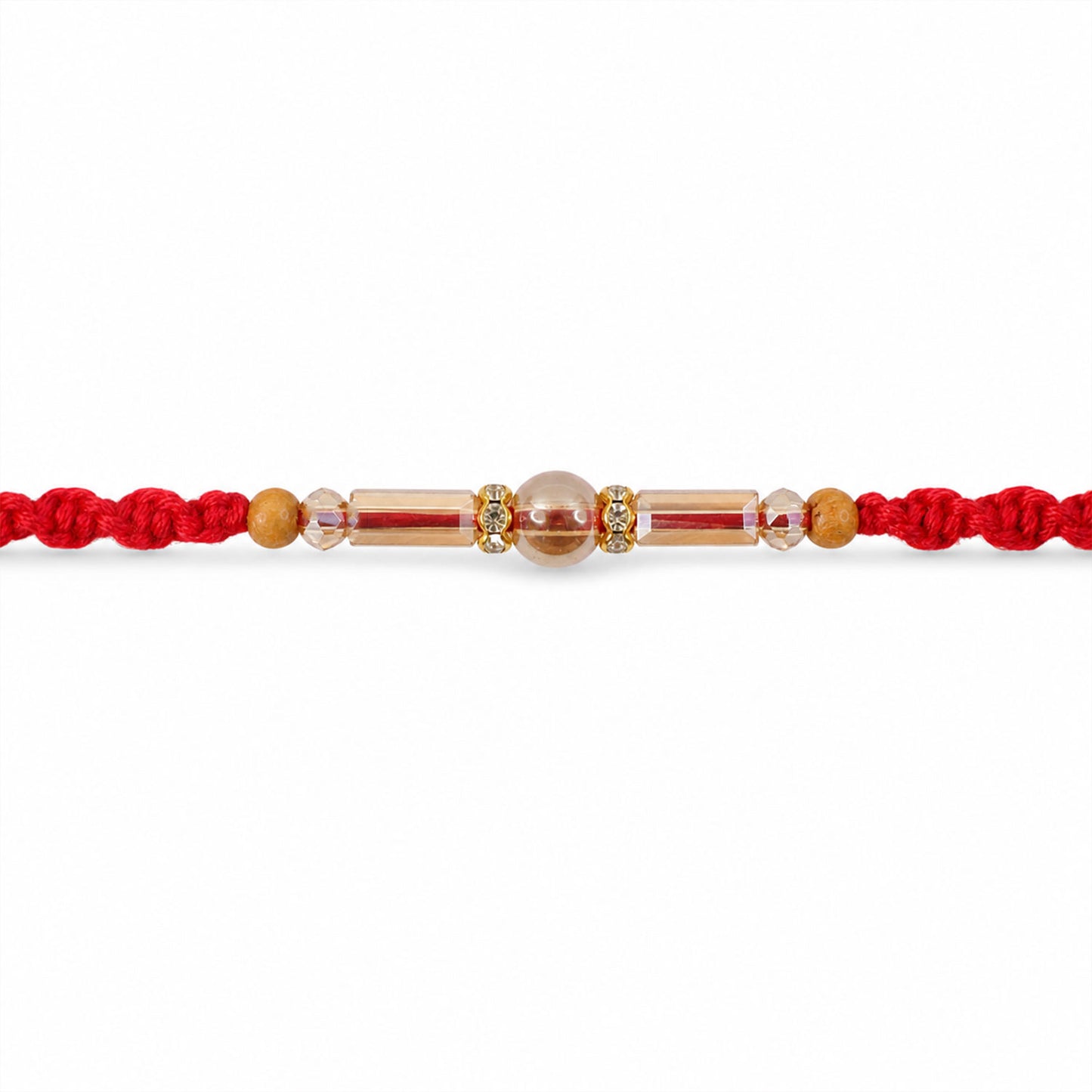 Red Braided Rakhi with Wooden Beads and a Pink Crystal Cylinder Bead