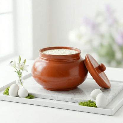 Clay dahi handi pot with lid on wooden surface