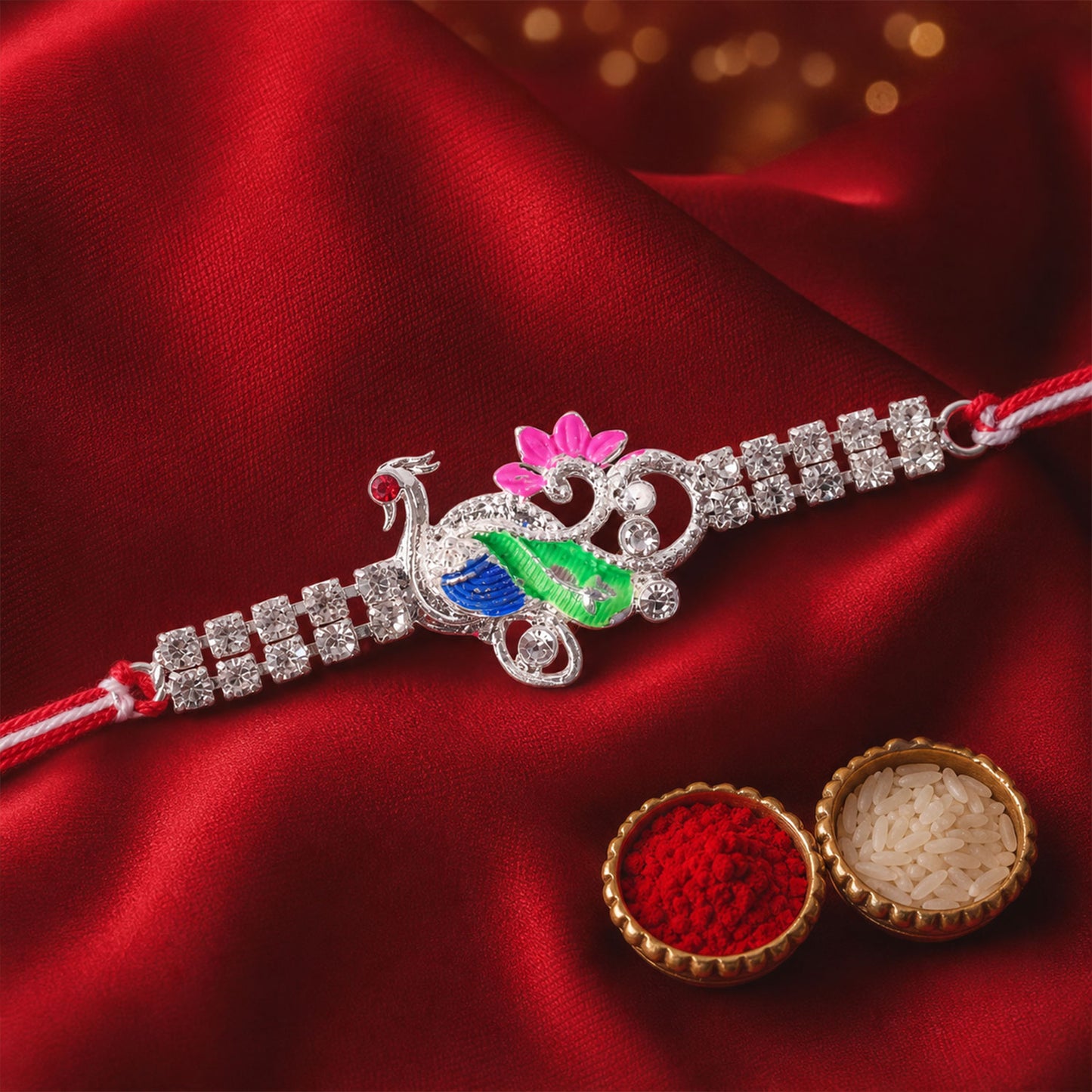 Classic Rakhi with Peacock Swirl Charm, crystal sparkle and thread look for Gifting