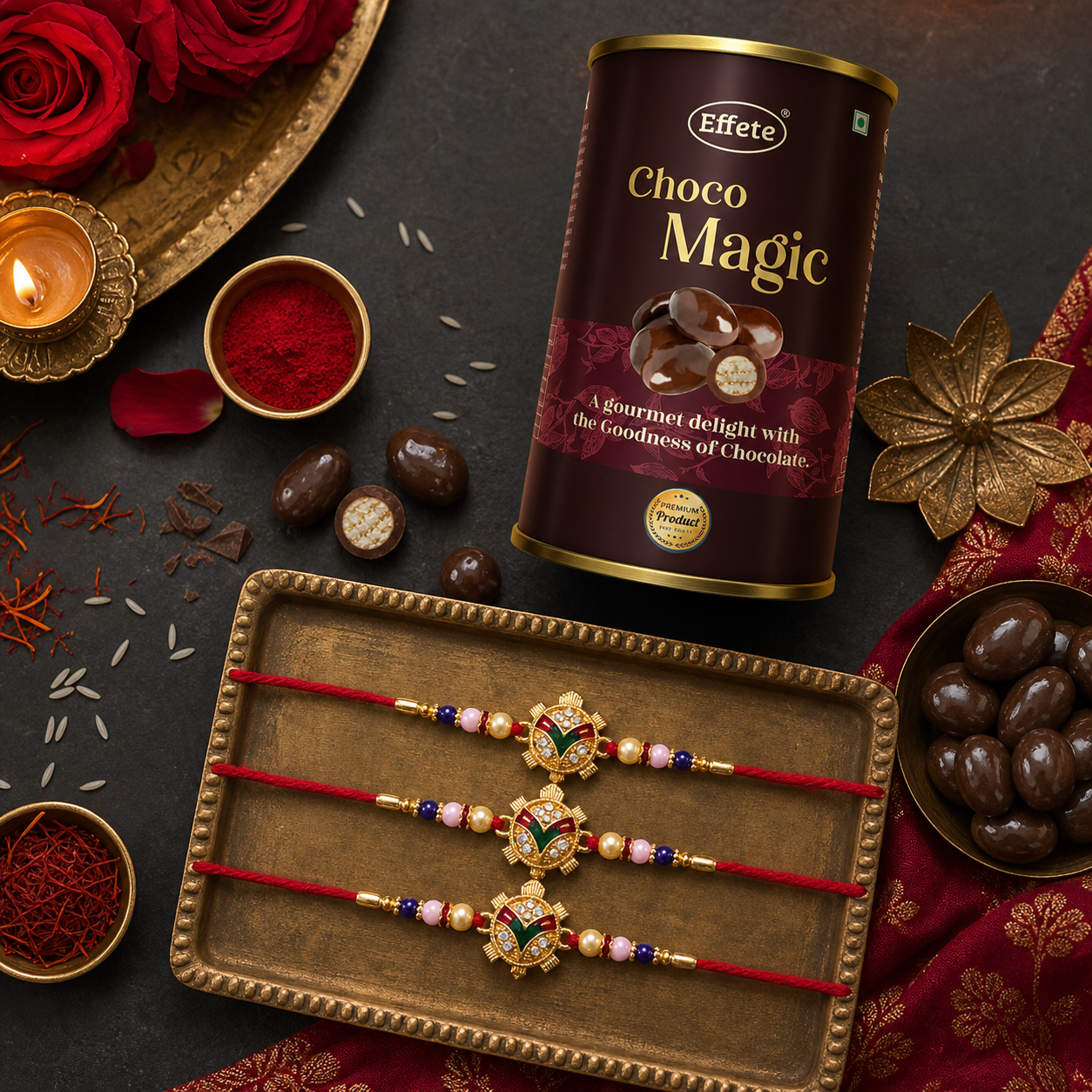Meenakari Peacock Rakhi with Choco Magic, Pack of 3