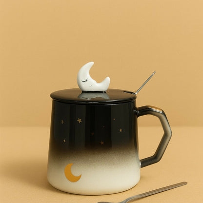 Moon Theme Ceramic Mug with Lid & Spoon for Tea, Coffee & Gifting (Black–White)