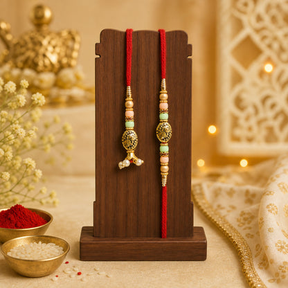 Divine Circular Medallion Bhai Bhabhi Rakhi with Oval Charm and Bead Accents for Gift