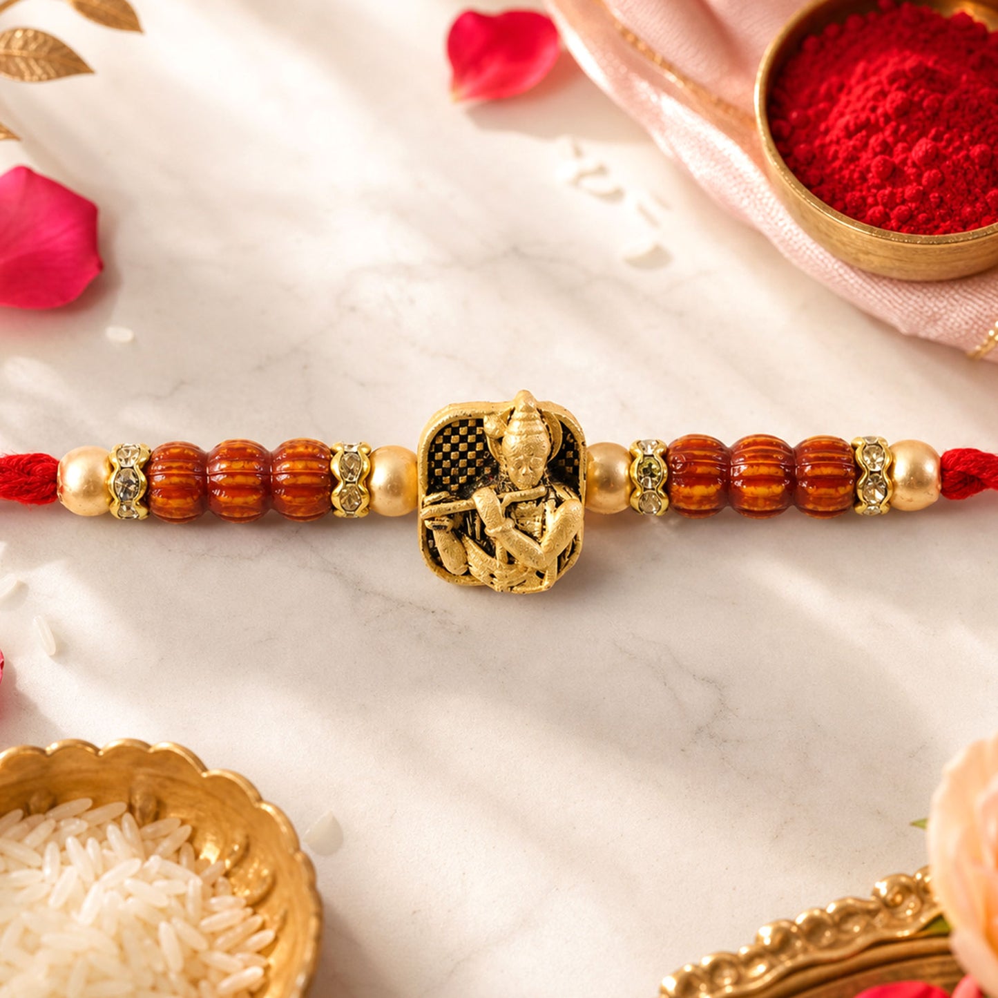 Red Beaded Rakhi with Antique Gold Krishna Charm and Wooden Beads