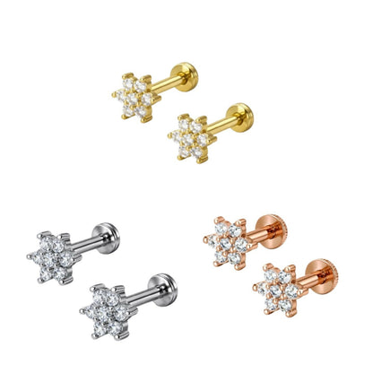 Polished silver plated flower flat back AD stud earrings with six-petal design