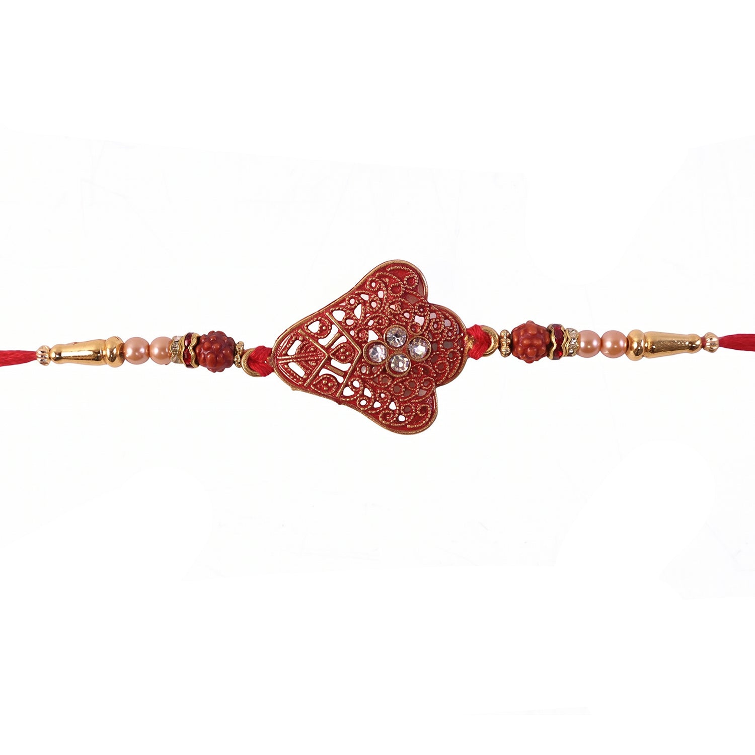 Red Heart Meenakari Rakhi with Pearl Chain and Gold Beads
