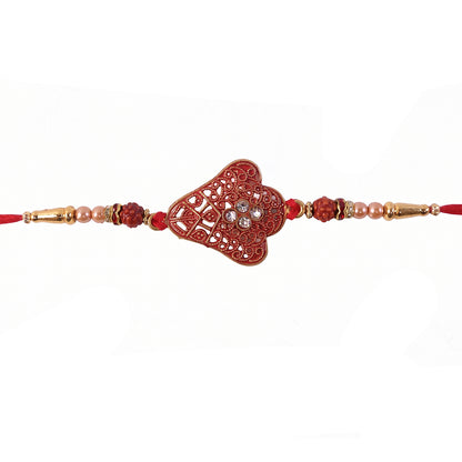 Red Heart Meenakari Rakhi with Pearl Chain and Gold Beads