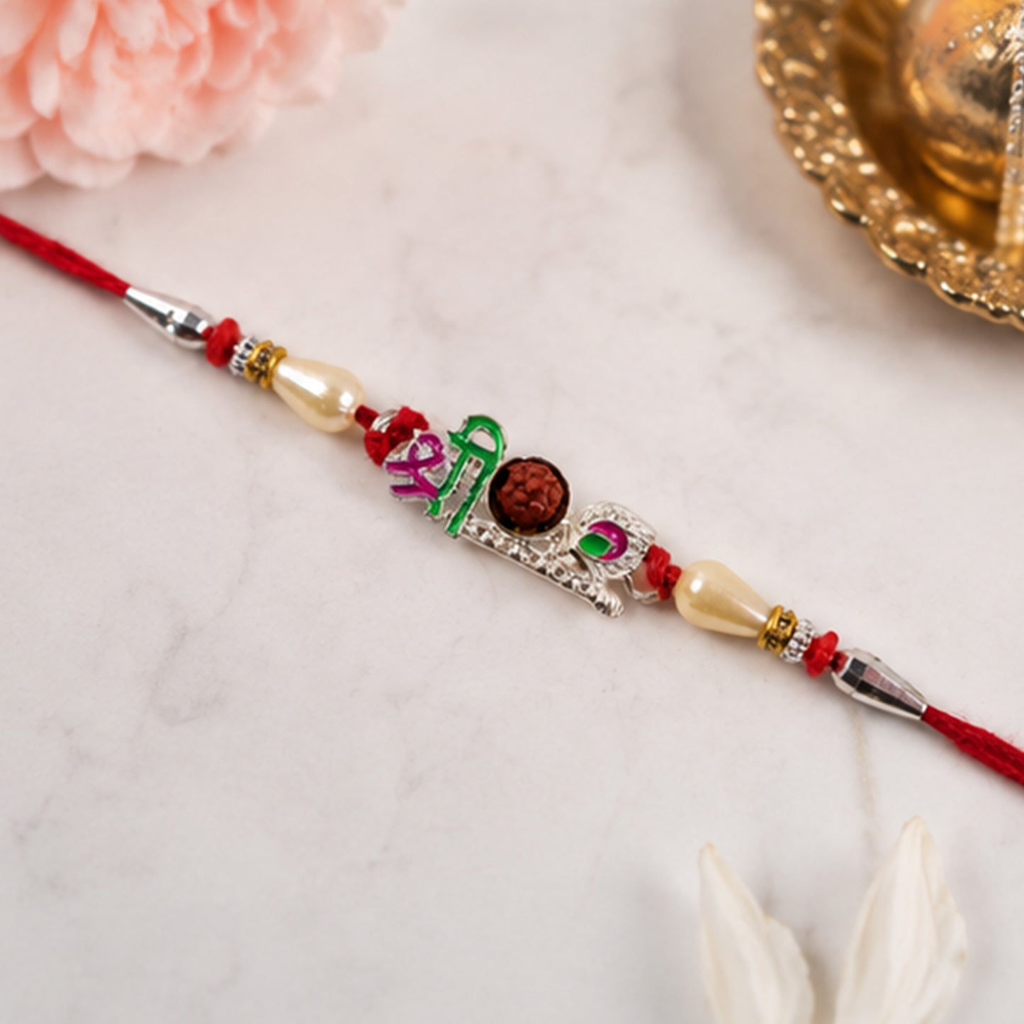 Colorful Shree Designer Rakhi with Rudraksha Center and Pearl Beads
