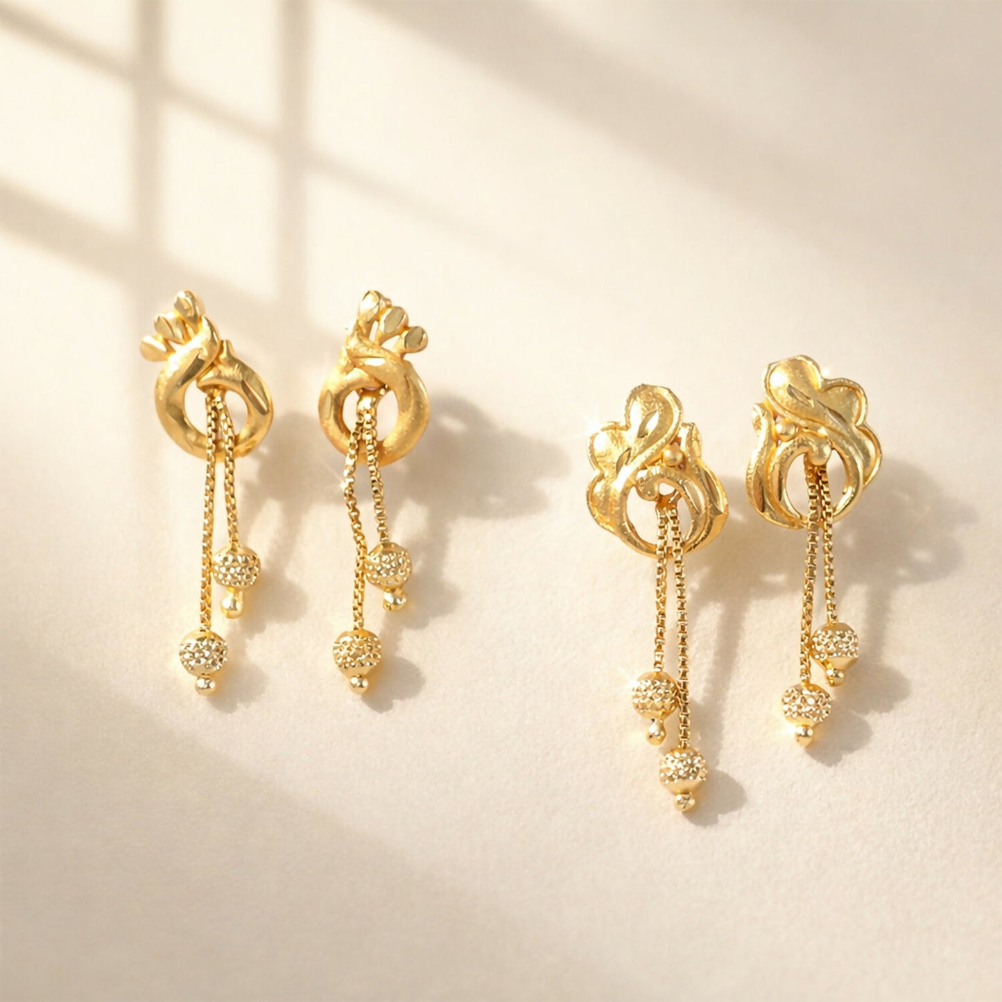 Elegant Gold Dangle Earrings Combo Set with Floral and Heart Inspired Studs (2 Pair)