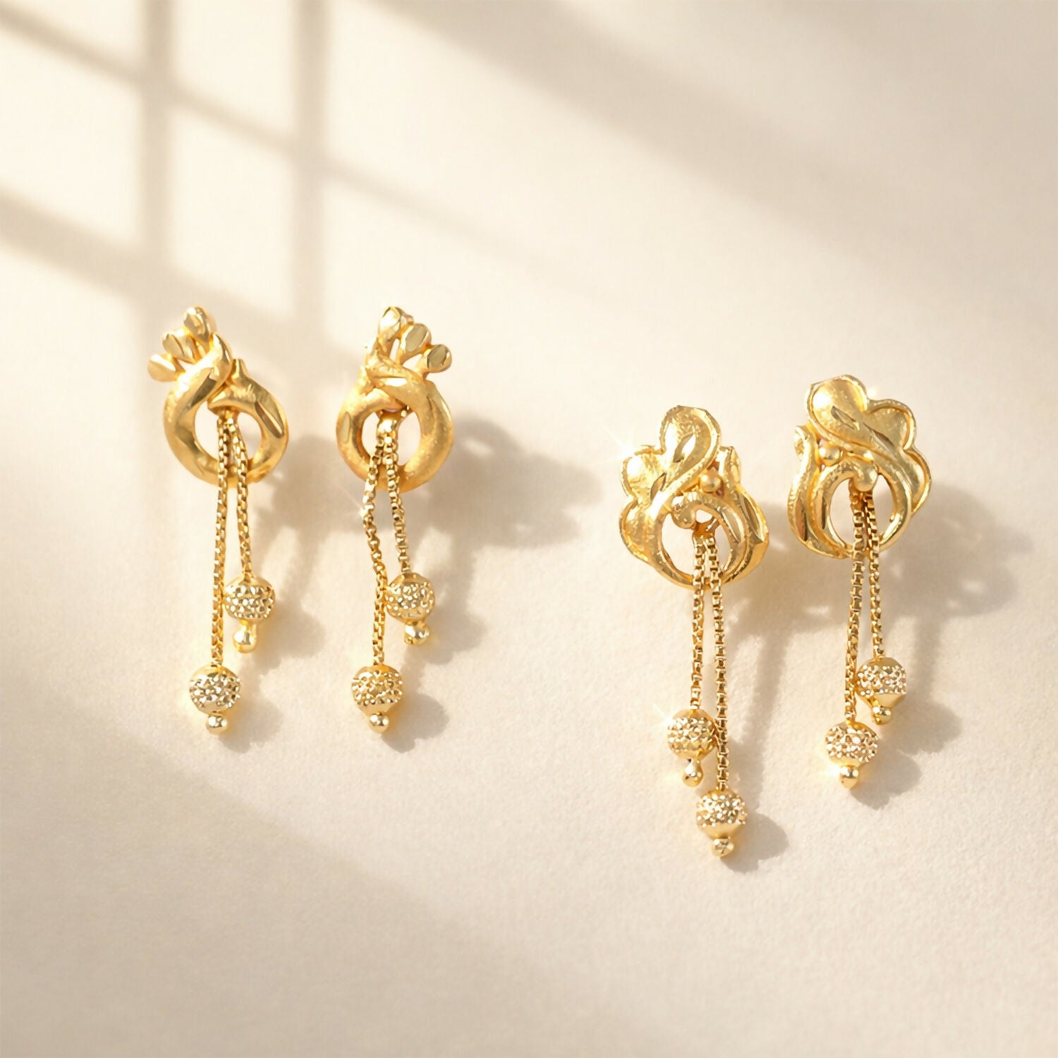 Elegant Gold Dangle Earrings Combo Set with Floral and Heart Inspired Studs (2 Pair)