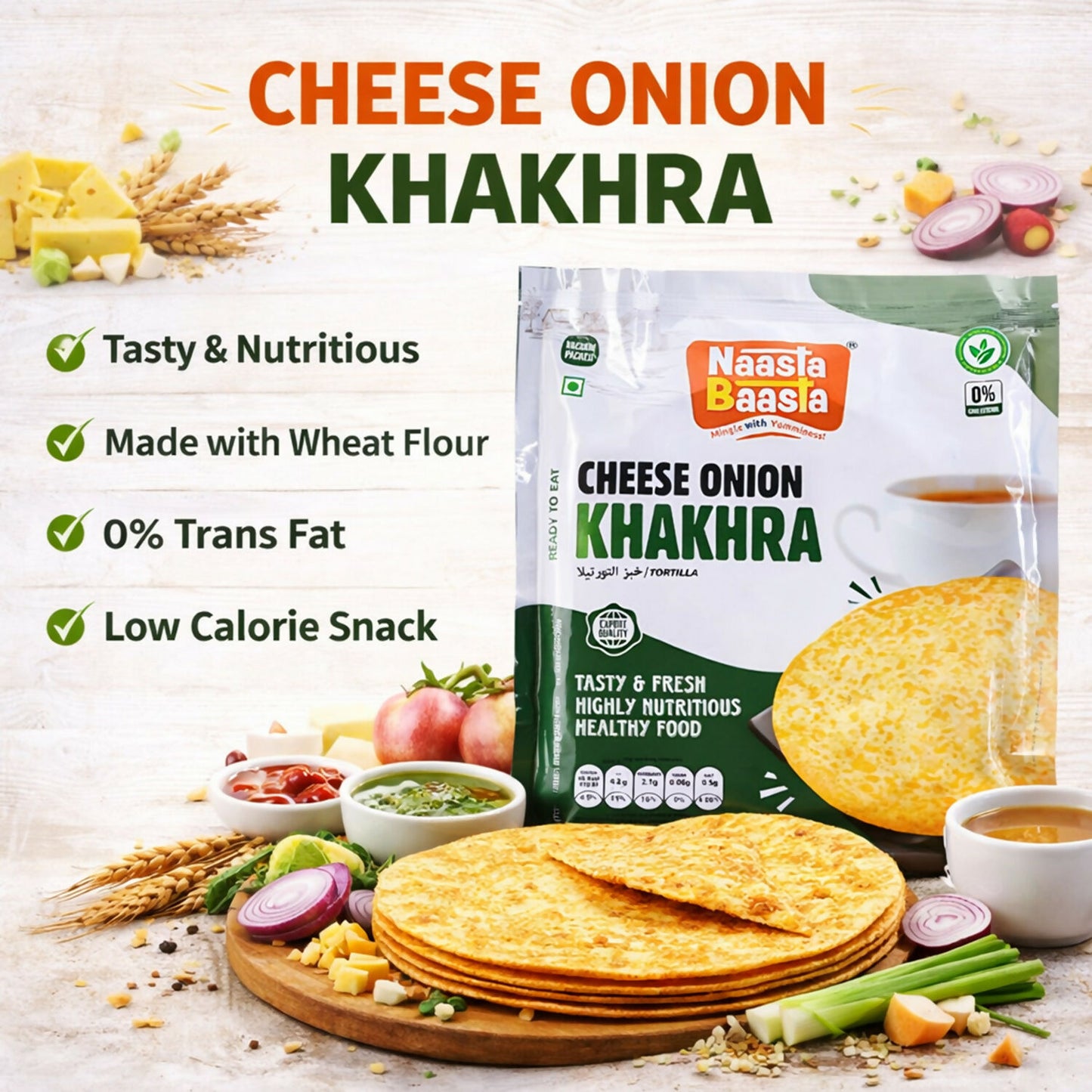 Naasta Baasta Cheese Onion Khakhra - Crispy Ready to Eat Wheat Flour Snack (200 Gm)