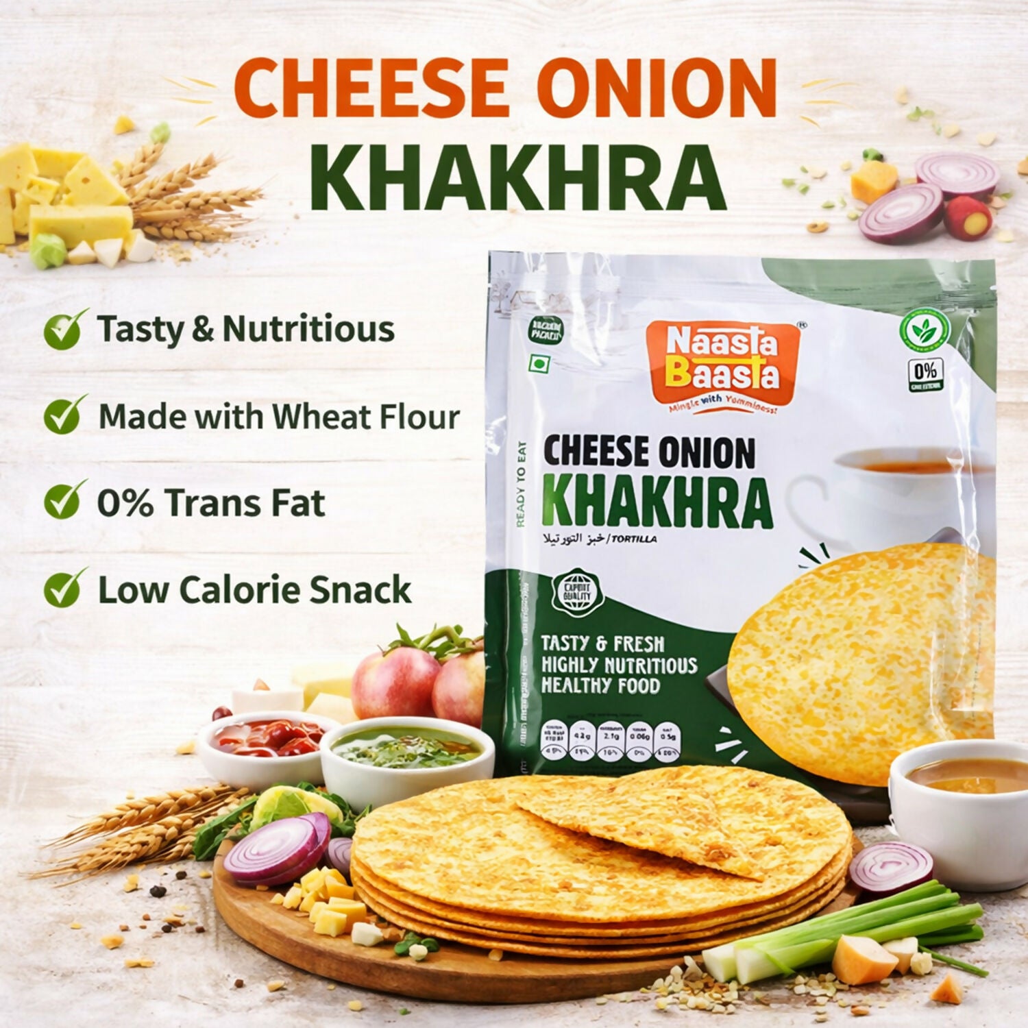 Naasta Baasta Cheese Onion Khakhra - Crispy Ready to Eat Wheat Flour Snack (200 Gm)
