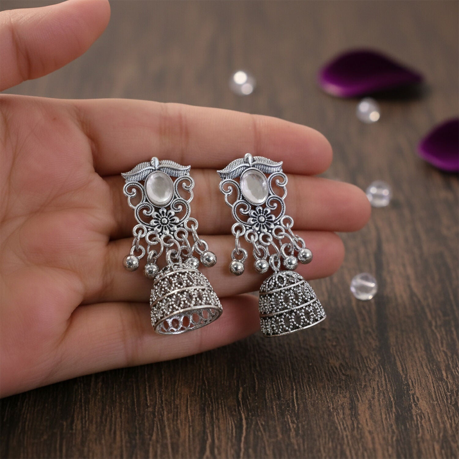 German Silver Jhumka Earrings with White Monalisa Stones