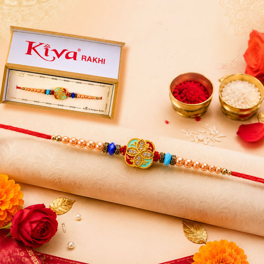 Royal Turquoise Meenakari Floral Rakhi for Brother with Pearls & Beads