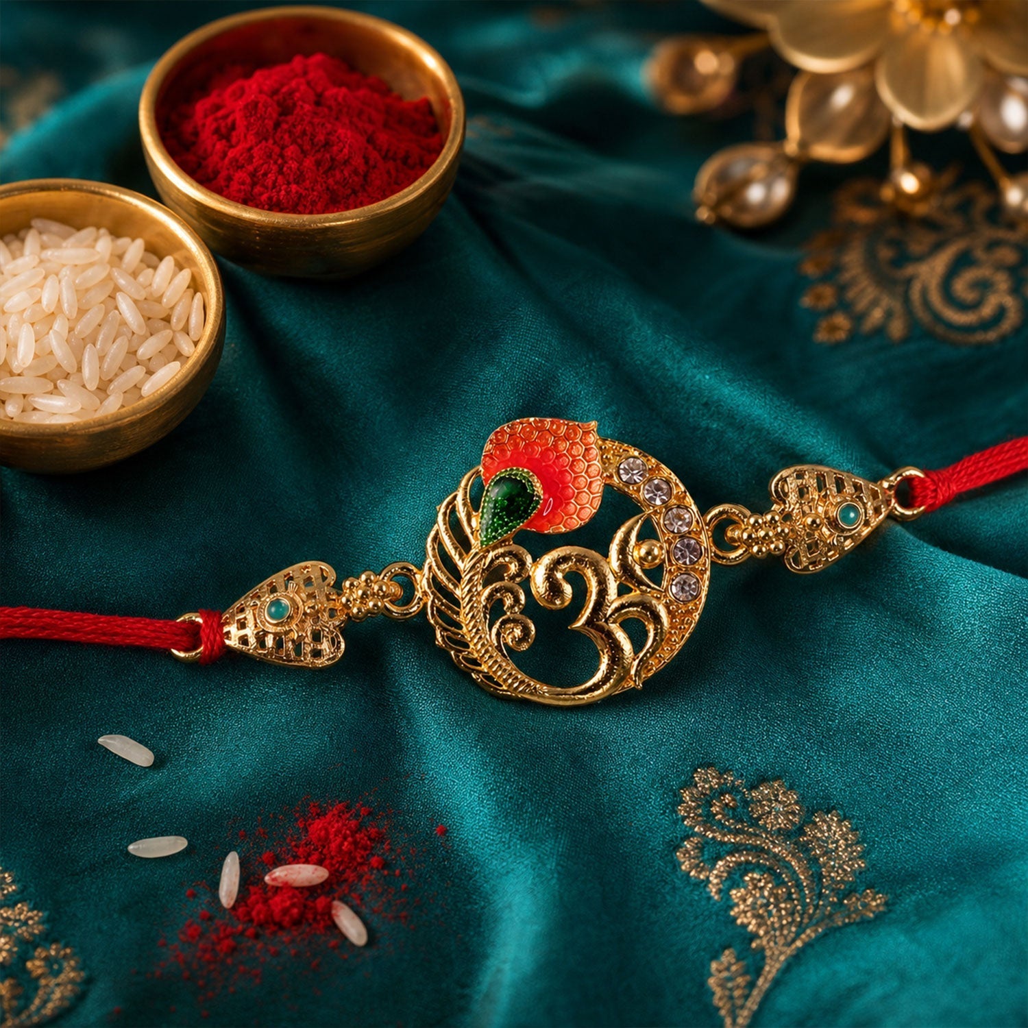 Om Peacock Designer Rakhi with Kundan Beaded Detail (5pcs)