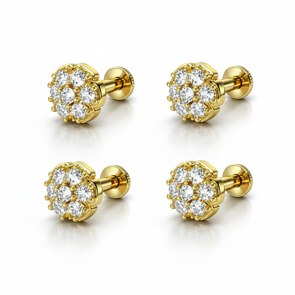 Two pairs of flat back flower stud earrings displayed on white background with gold plating shine