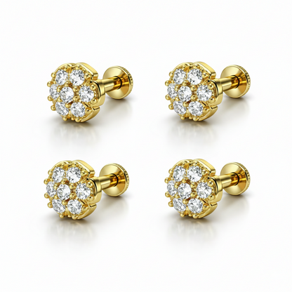 Two pairs of flat back flower stud earrings displayed on white background with gold plating shine