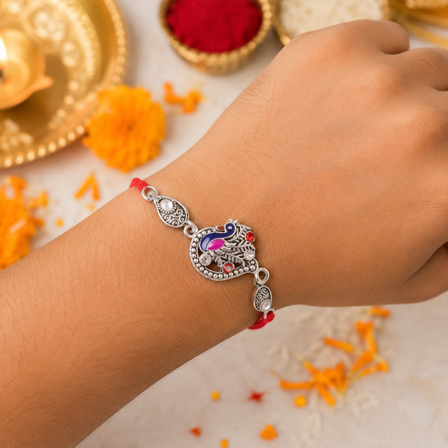Silver-Toned Peacock Rakhi with Pink-Blue Enamel, Crystal Accents & Red Thread for Brother