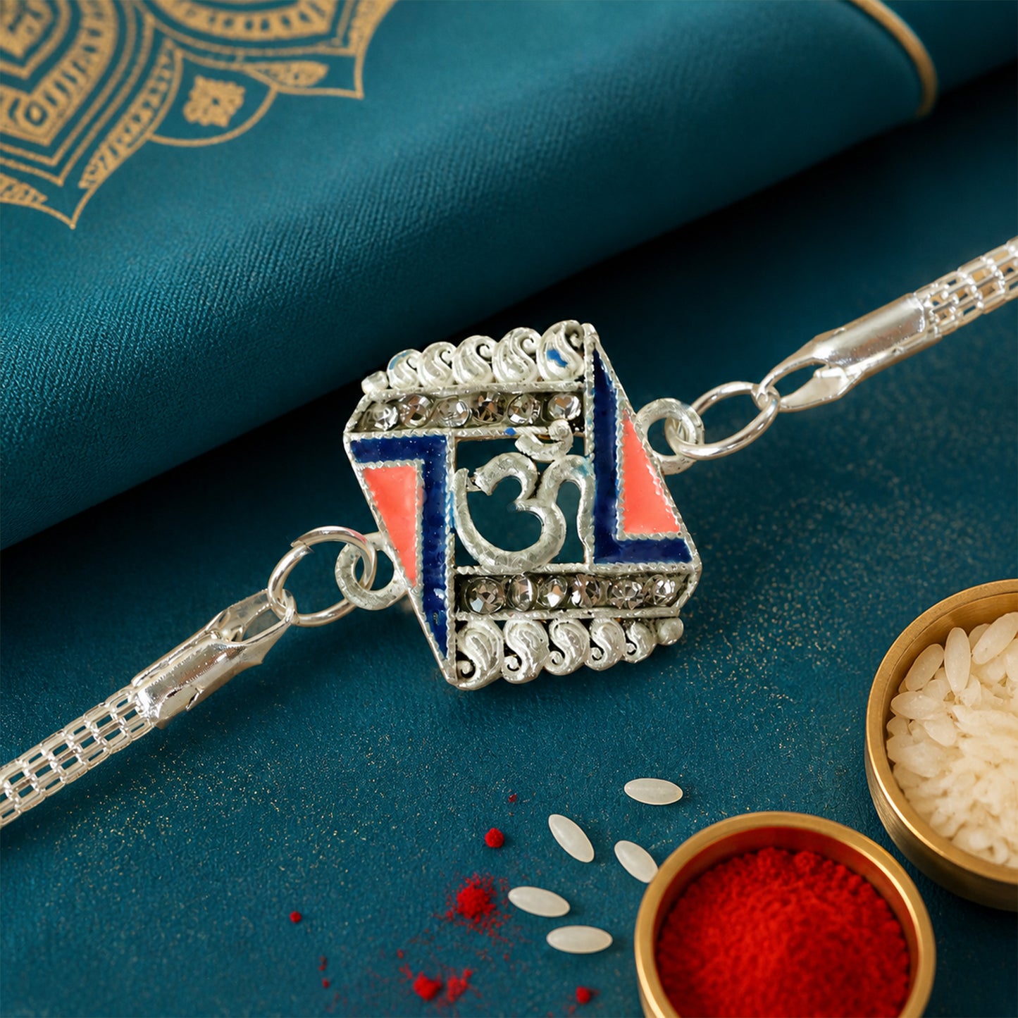 Om Stylish Square Motif Studded Enamel Silver Chain Designer Rakhi