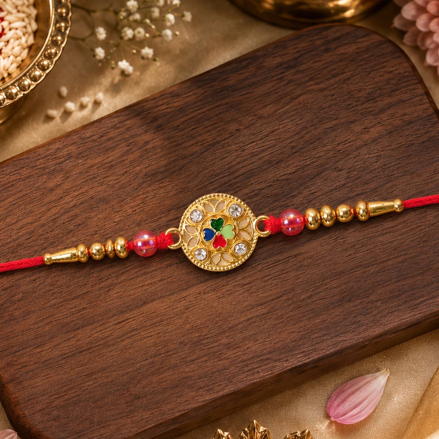 Festive Four-Petal Rakhi with Bright Enamel, Clear Stones and Translucent Beads (10pcs)