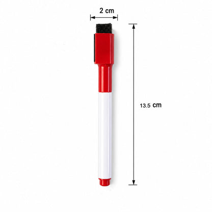 Red dry erase marker with slim barrel and integrated eraser for daily use