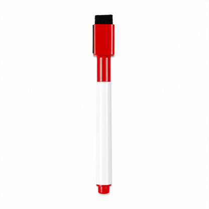 Red marker on whiteboard with eraser cap for quick mistakes correction