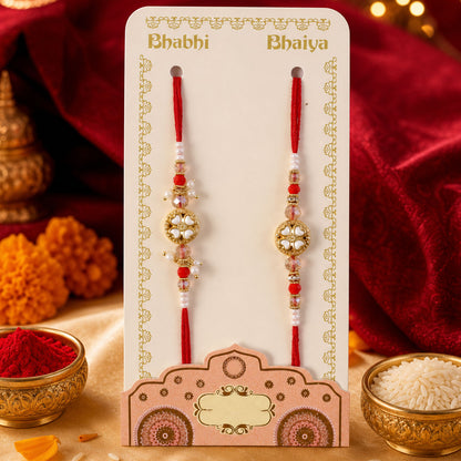 White Heart Floral Couple Rakhi Set with Crystal Beads and Pearl Lumba Charm Design