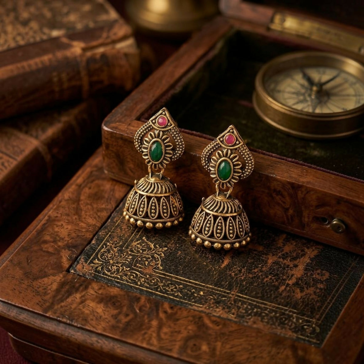 Antique Gold Tribal Jhumka Earrings with Emerald Green & Ruby Pink Stonework