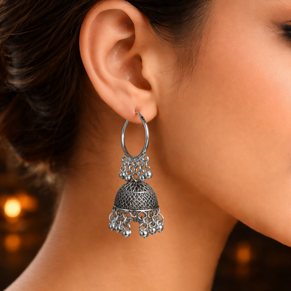 Oxidised Silver Jhumka Hoop Earrings for Women Traditional Ethnic Design