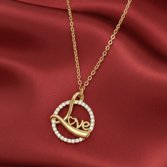Gold plated Love Script Circle Pendant Necklace showcasing open circle with sparkling cubic zirconia stones