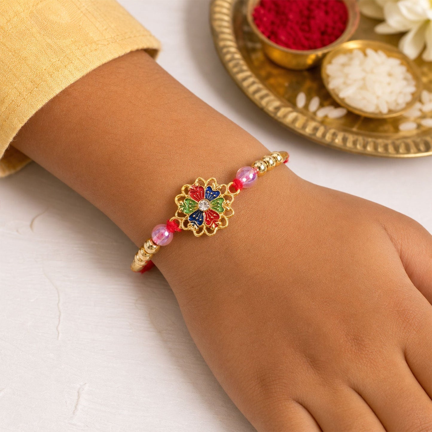Floral Stone Designer Rakhi with Kundan Beaded Festive Detail (5pcs)